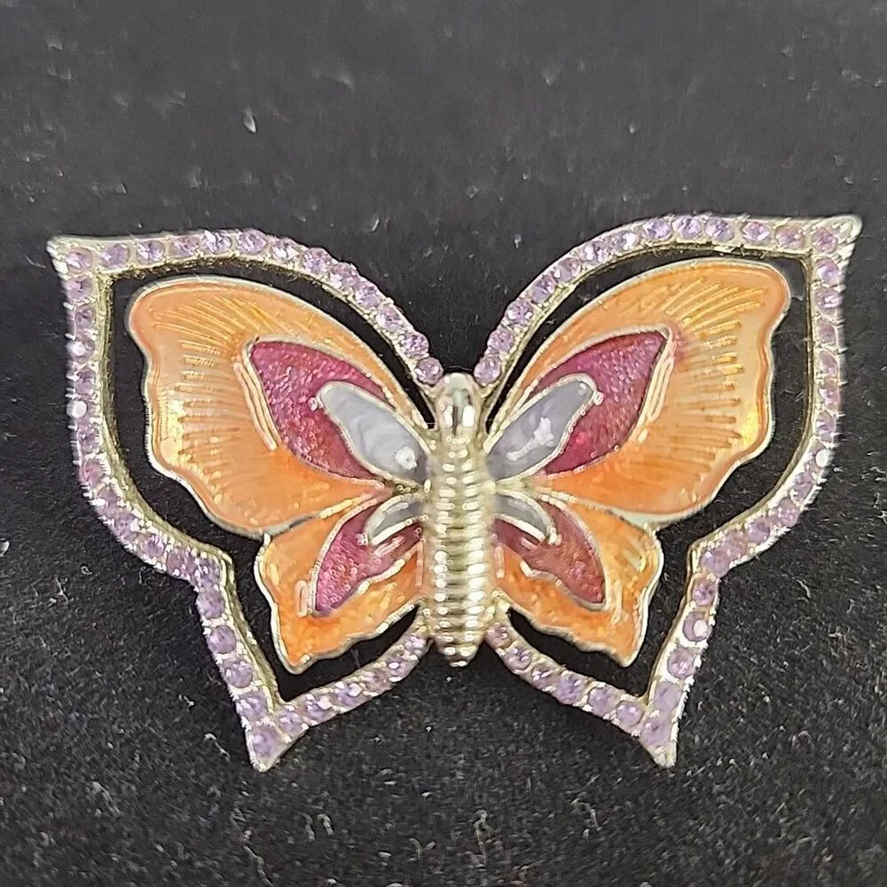 Brooch Butterfly Napier silver tone Gold & Purple Enamel Rhinestones Pin Vintage